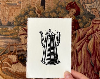 Gravura em linóleo de bule vitoriano tamanho A6 - Papel de algodão artesanal