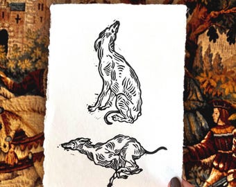 Gravura em linóleo de galgo tamanho A6/A5 - Papel de algodão artesanal