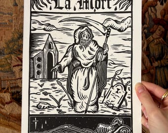 Tarot-linoprint Memento Mori/ Death – middeleeuws ontwerp, met de hand gesneden, met de hand bedrukt
