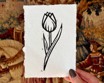 Gravura em linóleo de tulipa tamanho A6 - Papel de algodão artesanal