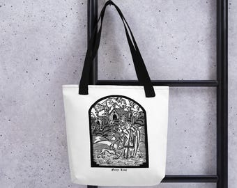 Bolsa de tecido resistente Memento Mori, com design original em linóleo.