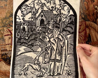 Estampa Memento Mori Lino – Design Medieval, Papel Lokta Feito à Mão, Esculpido à Mão