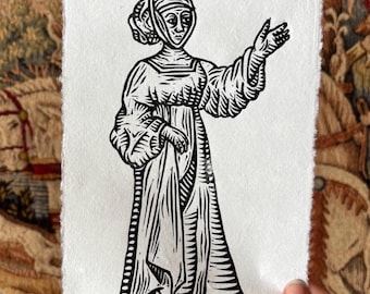 Gravura em linóleo tamanho A5 de uma dama medieval - Papel de algodão artesanal