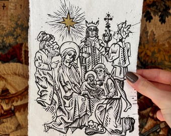 Gravura em linóleo A5 do Presépio - Papel de algodão artesanal, detalhes em dourado