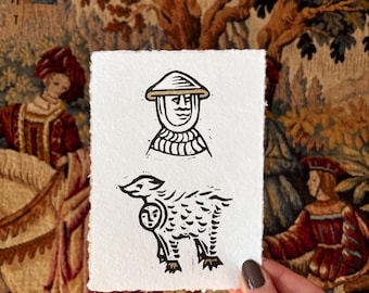 Gravura em linóleo de personagem medieval tamanho A6 - Papel de algodão artesanal, detalhes em dourado