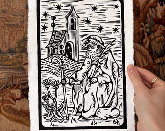 Grabado medieval en linóleo – Diseño medieval, tallado a mano, impreso a mano