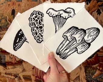 Paquete de 4 láminas A6 con grabado en linóleo de setas - Papel de algodón hecho a mano