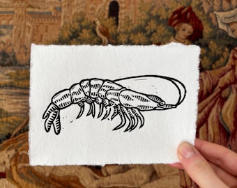 Gravura em linóleo de camarão tamanho A6 - Papel de algodão artesanal