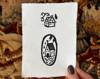 Gravura em linóleo A6 "Edifícios Tempestuosos" - Papel de algodão artesanal, detalhes em dourado
