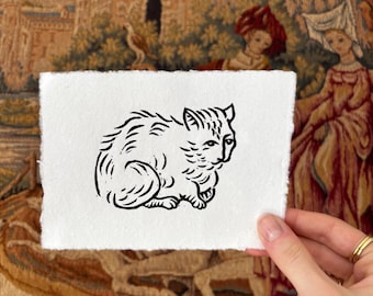 Gravura em linóleo de gato medieval tamanho A6 - Papel de algodão artesanal