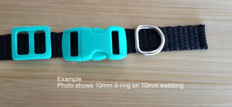 Op de afbeelding: Een zwarte nylon hondenriem met een turquoise plastic gesp en een zilveren D-ring. Voorbeeld: De foto toont een 10 mm D-ring op een 10 mm brede band.