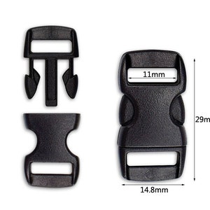 May include: Black plastic side release buckle with a 1.1 inch (29 mm) height and a 0.6 inch (14.8 mm) width. The buckle has a 0.4 inch (11 mm) opening.