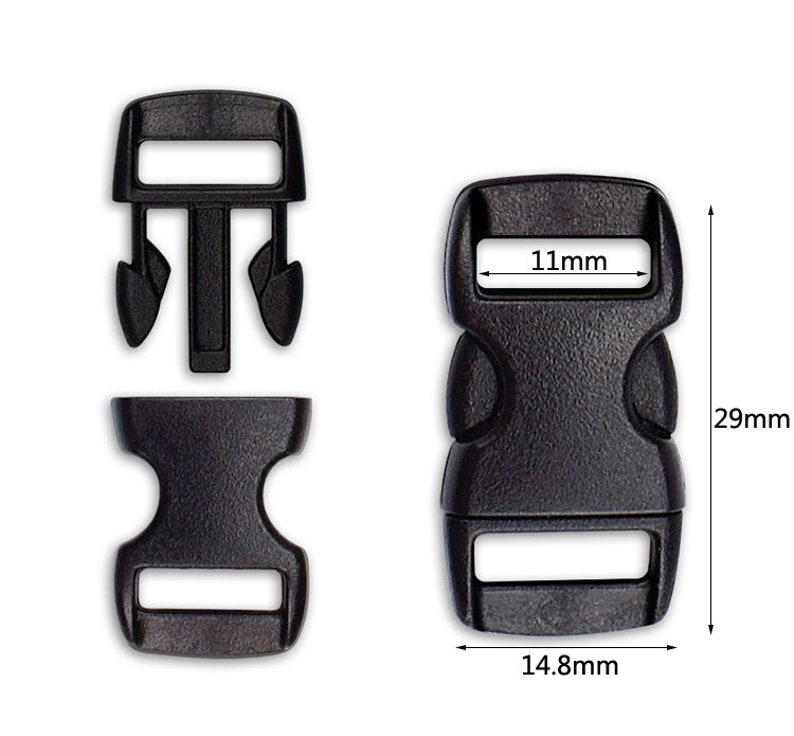 May include: Black plastic side release buckle with a 1.1 inch (29 mm) height and a 0.6 inch (14.8 mm) width. The buckle has a 0.4 inch (11 mm) opening.