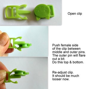 May include: Green plastic clip with a cat face design. Instructions for using the clip are shown in the image.  "Open clip", "Push female side of the clip between middle and outer pins. The outer pin will flare out a bit. Do this top & bottom.", "Re-adjust clip. It should be much looser now."