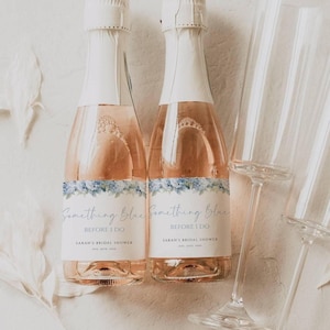 Blue Hydrangea Mini Champagne Label Template, Editable Dusty Blue Bridal Shower Champagne Label, Printable Label, Wedding Shower Decor, DIY