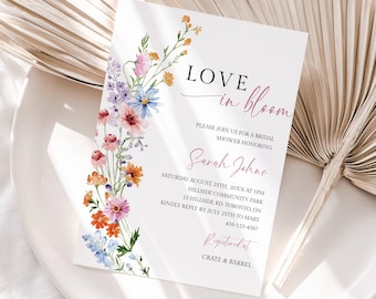 Invitación de despedida de soltera "El amor florece", invitación de despedida de soltera con flores silvestres, plantilla de boda floral primaveral, invitación editable - LIB01