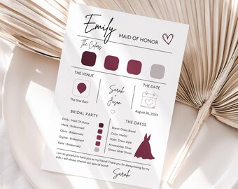 Bridesmaid Info Card Template, Bridal Party Info Card, Maid Of Honor Infographic, Proposal Card, Edit In Canva, Wedding Information Card