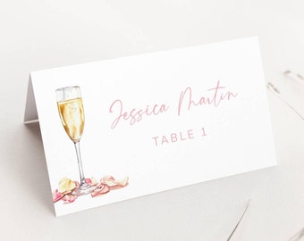 Plantillas para tarjetas de lugar con pétalos y prosecco, tarjetas de nombre editables para despedida de soltera, tarjetas para asientos de despedida de soltera, tarjetas de nombre de mesa planas y dobladas