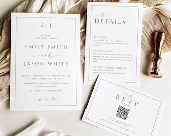 Minimalist Monogram Wedding Invitation Suite with QR Code, Black and White EWedding Set, Modern Wedding Bundle, Simple Stationary Set- SPM2