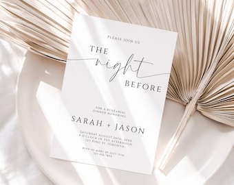 Plantilla de invitación para la cena de ensayo de la noche anterior, invitación con fuente minimalista, invitación de boda editable, tarjeta en blanco y negro - SPM3