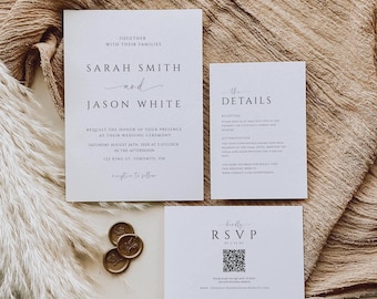 Minimalist Wedding Invitation Suite with QR Code, Black and White Elegant Wedding Set, Modern Wedding Bundle, Simple Stationary Set- SPM3