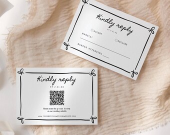 Peut inclure: Deux cartes RSVP blanches avec des bordures noires et du texte. La carte du haut indique "Kindly reply by 2.24.23" et comporte un code QR noir et blanc. La carte du bas indique "Kindly reply" et comporte une section pour que les invités indiquent s'ils acceptent ou déclinent l'invitation, ainsi qu'un espace pour écrire le nombre de participants.
