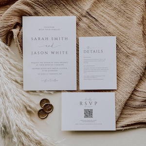 Suite di inviti di nozze minimalista con codice QR, elegante set di nozze in bianco e nero, moderno pacchetto di nozze, semplice set di cancelleria - SPM3
