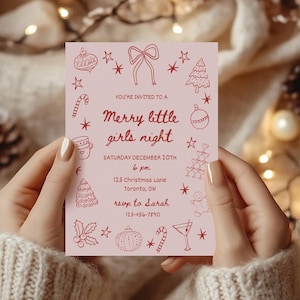 Merry Little Girls Night Weihnachtsparty Einladung Vorlage, Wunderliche Handgezeichnete Urlaub Einladen, Kokette Schleife Cocktail Party Karte, Canva