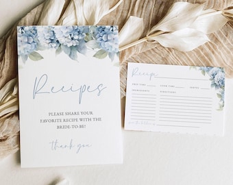 Blue Hydrangea Recipe Card Template, Dusty Blue Floral Bridal Shower Recipe Card Insert, Kitchen Recipe Request, Editable Template