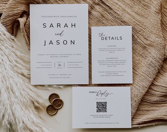 May include: A wedding invitation suite with a white background and black text. The invitation features the names "Sarah and Jason" and the date "August 26th". The details card includes information about the reception and accommodation. A separate card with a QR code encourages guests to RSVP online.