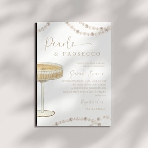 Parels en prosecco vrijgezellenfeestuitnodiging, bewerkbare vrijgezellenfeestuitnodiging, champagne bruiloft sjabloon, parelthema, brunch en bubbels