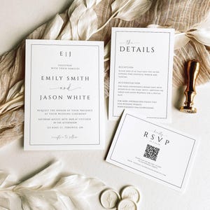 May include: Elegant wedding invitation suite with minimalist design. Includes invitation, details card, and RSVP card with a QR code. Features the names Emily Smith and Jason White, with floral wax seals and a gold wax stamp.