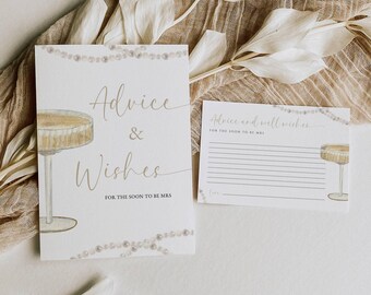 May include: A printable bridal shower advice card with a champagne glass illustration and the text "Advice & Wishes for the soon to be Mrs."
