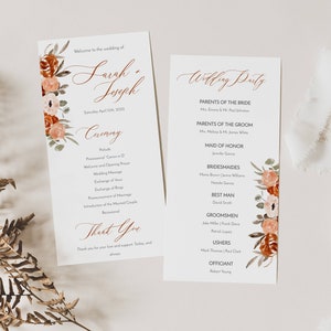 Szablon programu weselnego na jesień, program weselny w kolorze terakoty, program w kolorze spalonej pomarańczy, zrób to sam, edytowalny szablon - OLIVIA