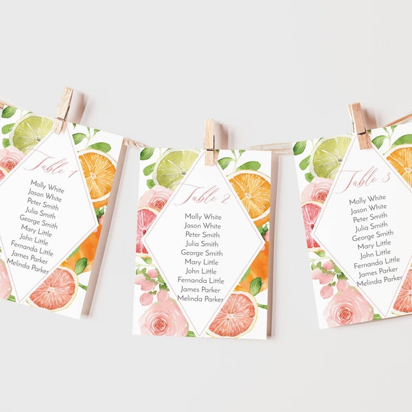 Card Seating Chart Template, Summer Wedding, Citrus Fruit Seating Chart, Wedding Template, Wedding Decor, Citrus Themed Decor - Emily