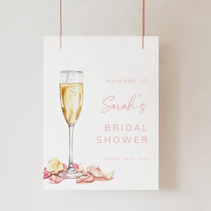 Plantilla de cartel de bienvenida para despedida de soltera con pétalos y prosecco, póster de bienvenida para despedida de soltera, decoración para despedida de soltera, bricolaje, cartel de bienvenida imprimible