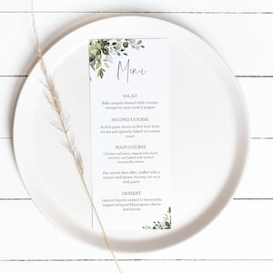 Greenery Menü-Vorlage, Eukalyptus-Menükarte, Brautparty, Hochzeitsmenü, bearbeitbare Vorlage, Instant Download, DIY - Amelia