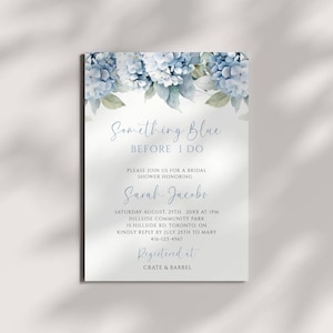 Convite para chá de panela com hortênsia azul, modelo Something Blue Before I Do, convite para chá de panela azul-poeira editável, modelo floral