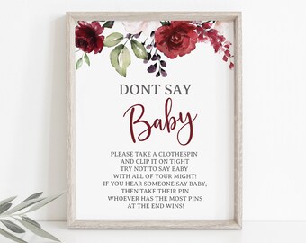 Burgundy Don't Say Baby Printable Baby Shower Sign, Baby Shower game, Burgundy Baby Shower Sign 12G