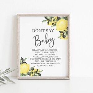 Don&#39;t say baby printable baby shower sign, Baby Shower game, Lemon Baby Shower Sign 15