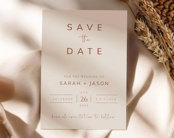 May include: A save the date card with a minimalist design. The card is cream colored with brown text that reads "Save the Date" for the wedding of Sarah and Jason. The date is August 26th at 3 o'clock. The text "formal invitation to follow" is written in cursive.
