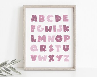 Alphabet Poster, Alphabet Printable, Pink Purple ABC Wall Art, Nursery Decor