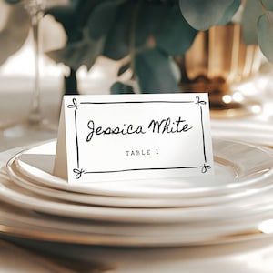 Plantillas de tarjetas de lugar para bodas extravagantes, tarjetas de nombre dibujadas a mano editables, tarjetas de asientos para bodas imprimibles, tarjetas de nombre para mesas de bodas - SPHD1