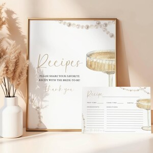 Parels en prosecco-receptkaartsjabloon, bruidsdouche-receptkaart invoegen, keukenreceptverzoek, digitale download, bewerkbare sjabloon