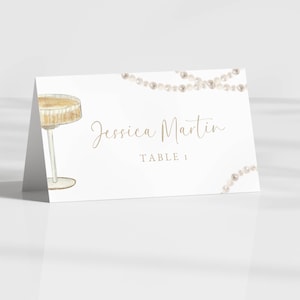 Modelo de cartões de lugar com pérolas e prosecco, cartão de nome editável para chá de panela, cartões de assento para chá de panela para impressão, cartão de nome de mesa