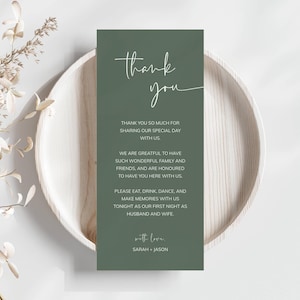 Servilleta de agradecimiento minimalista con diseño de salvia, plantilla de agradecimiento para mesa verde moderna, decoración de mesa para recepción de boda, tarjeta de agradecimiento imprimible - SPS1