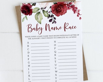 Burgundy Baby Name Race, Baby Shower Decoration, Marsala Baby Shower Game 12G