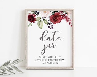 Date Jar Printable, Burgundy Floral Bridal Shower, Wedding Decoration 12G