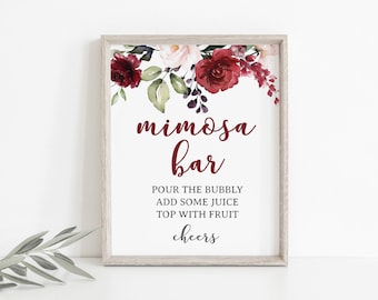 Mimosa bar sign, Burgundy Floral Bridal Shower Sign, Baby Shower, wedding decorations 12G