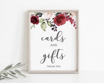 Cards and Gifts sign, burgundy floral bridal shower sign, wedding decorations 12G